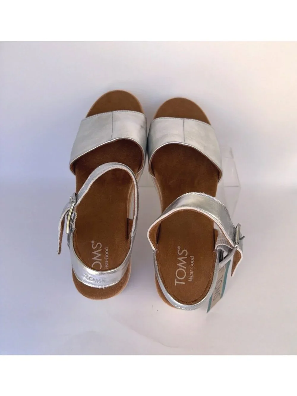TOMS Diana Platform Wedge Sandals Silver Metallic Nappa Leather Women Size 9.5